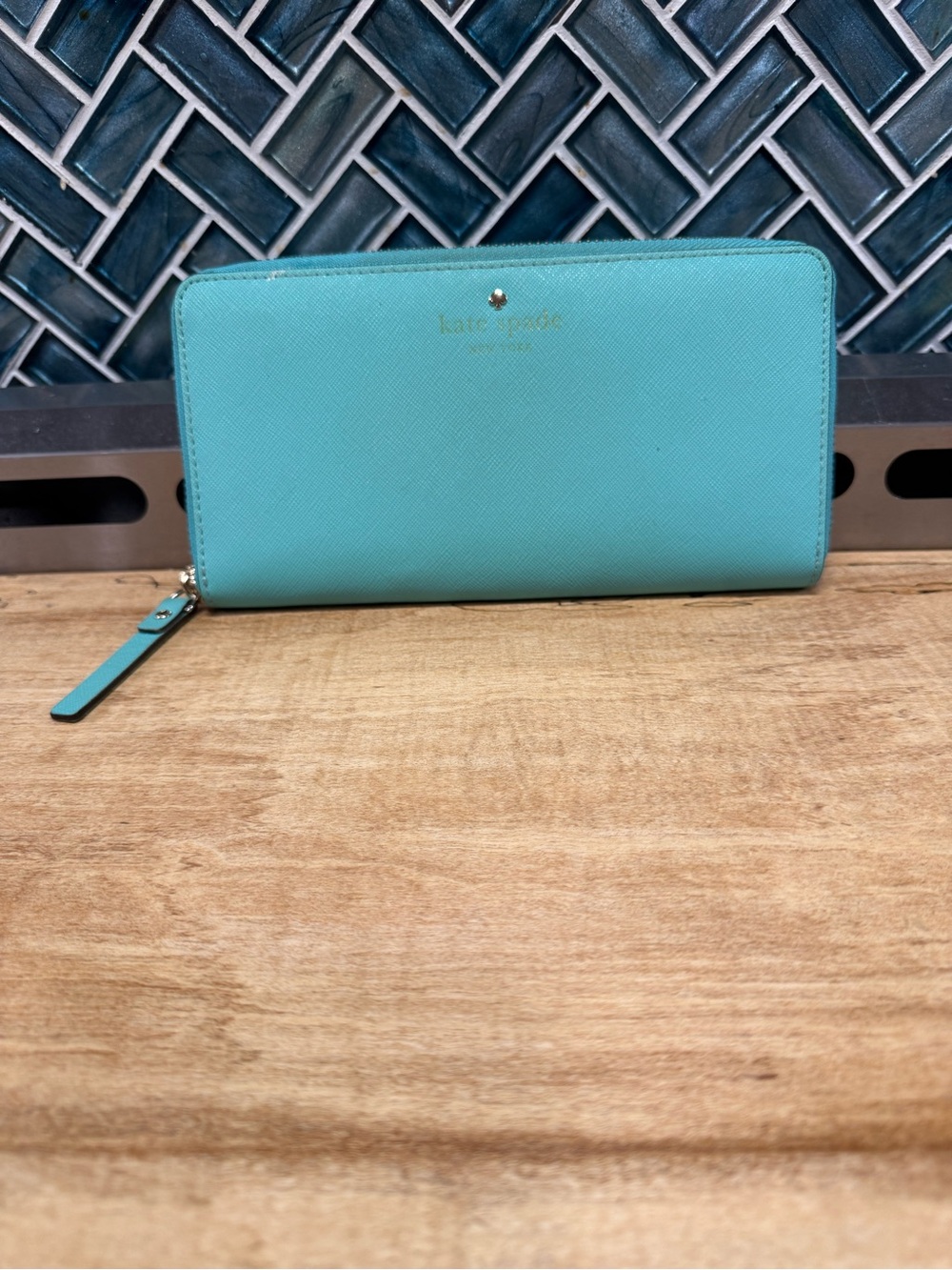 kate spade Turquoise Zip Around Wallet with Gold Logo
